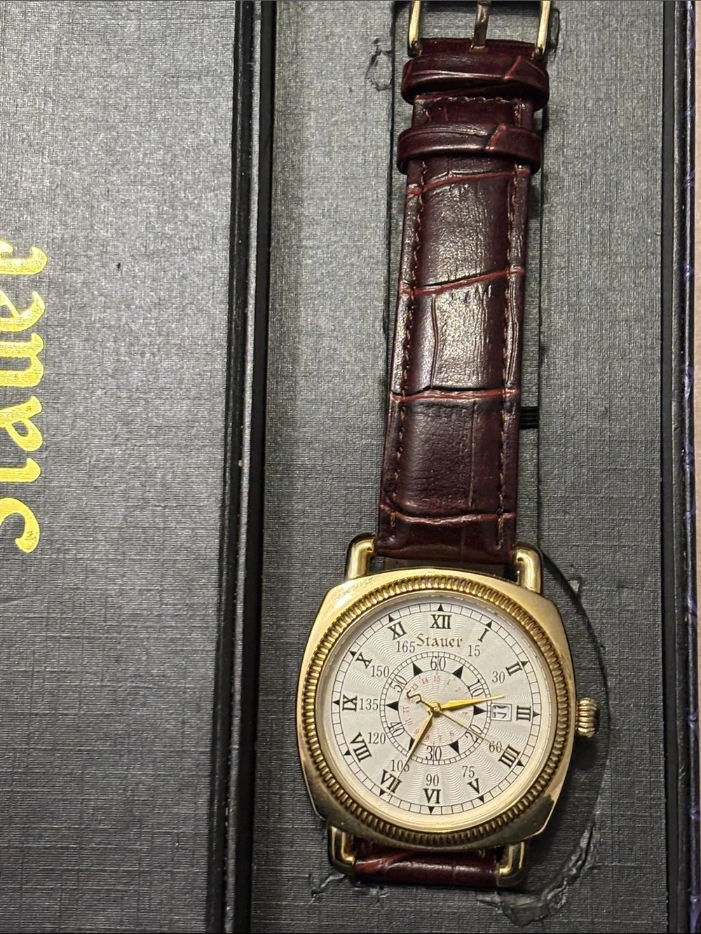 Stauer Gold-Tone Case Men's Watch with Dark Brown Leather Strap